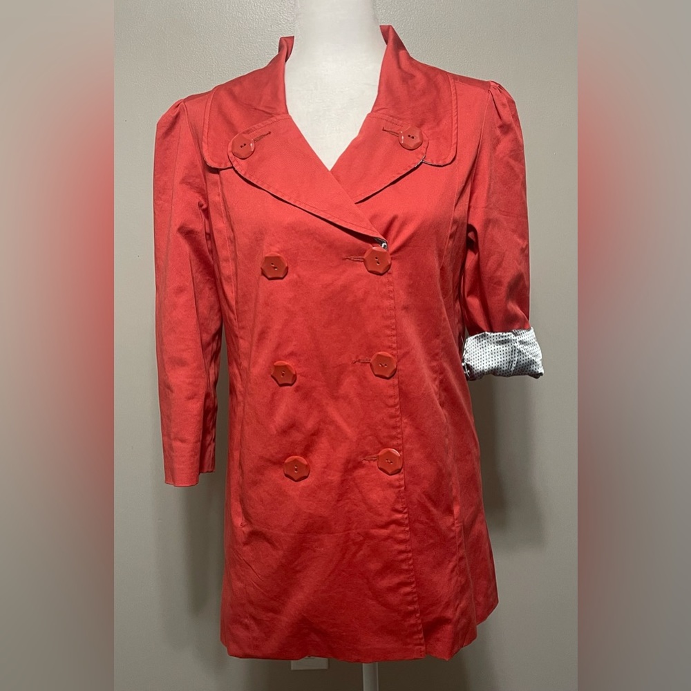FOSSIL Double Breasted Button COAT, SZ M , Red Lined Pockets Collared Jacket